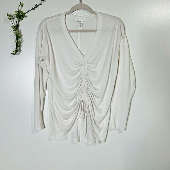 Athleta White Center Ruched Longsleeve Tee Shirt V-neck - Picture 1 of 6